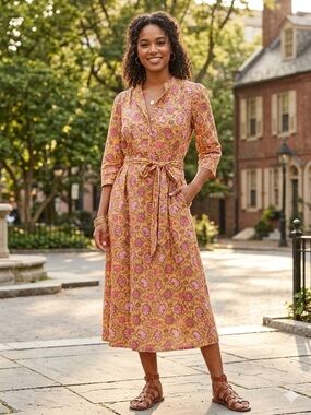 Anthropologie dRA Cassie Floral Print Tie-Waist Midi Dress in Mustard Pink (104)